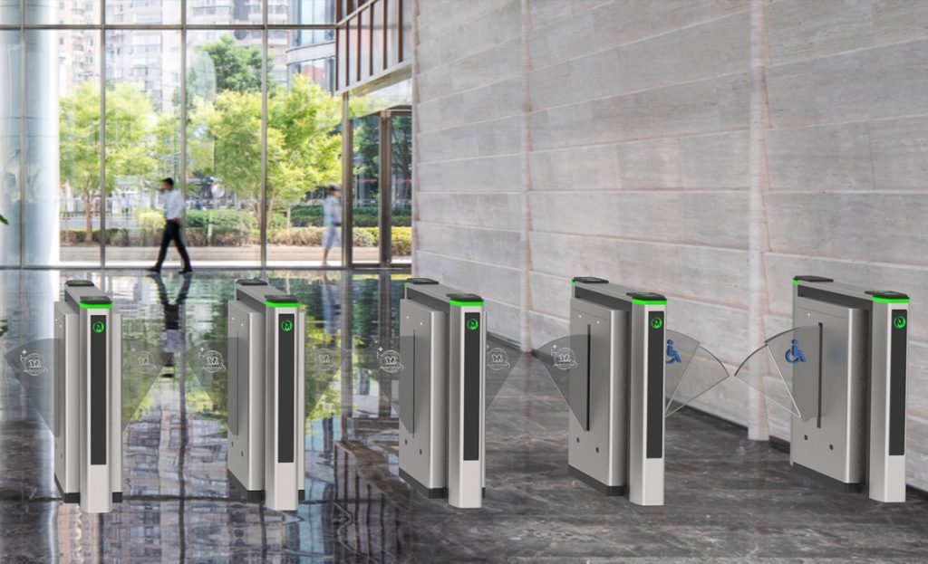 Automatic flap barrier turnstile system in modern commercial entrance
