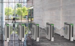 Automatic flap barrier turnstile system in modern commercial entrance