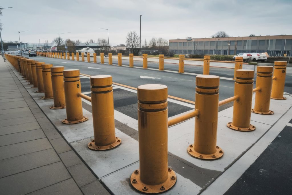 Fixed yellow traffic safety bollards installed along parking lot curb