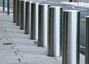Heavy-duty stainless steel security bollards row for perimeter protection